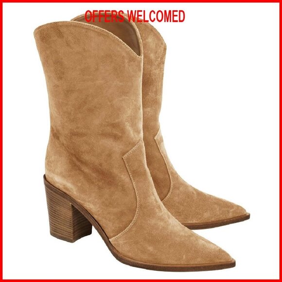 Shoes - Women's Chunky Heel Mid Calf Boots Pointed Toe Faux Suede Western Style